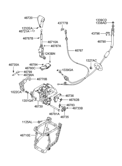 2006 Hyundai Tucson Automatic Transmission Lever Cable Assembly Diagram for 46790-2E100