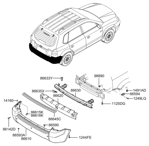 2005 Hyundai Tucson Rear Bumper Cover Assembly Diagram for 86610-2E000