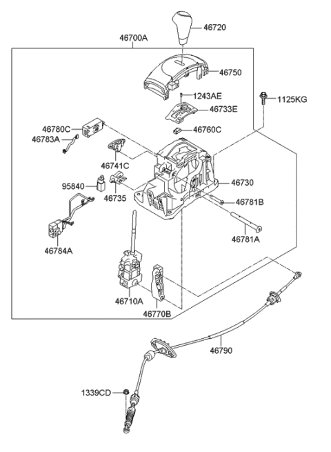 2011 Hyundai Veloster Automatic Transmission Lever Cable Assembly Diagram for 46790-2V600