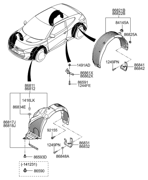 2014 Hyundai Veloster Front Wheel Guard Assembly,Right Diagram for 86812-2V510
