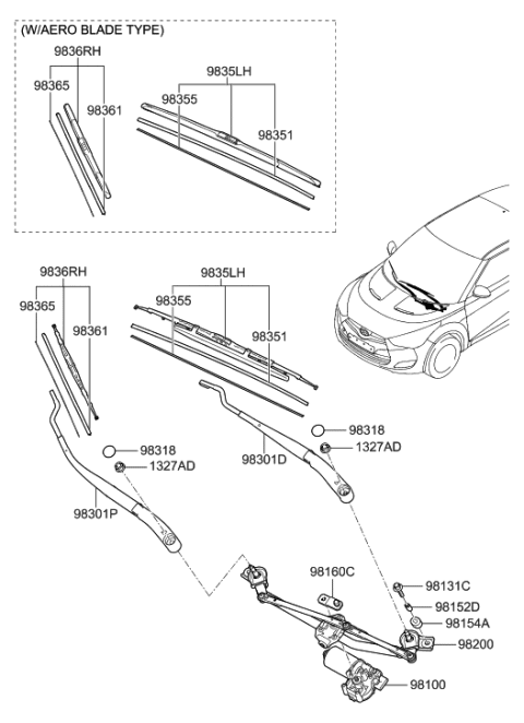 2015 Hyundai Veloster Passeger Wiper Blade Assembly Diagram for 98360-2V000