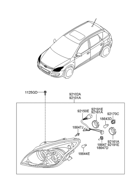 2009 Hyundai Elantra Touring Right Passenger Side Halogen Headlamp Diagram for 92102-2L150