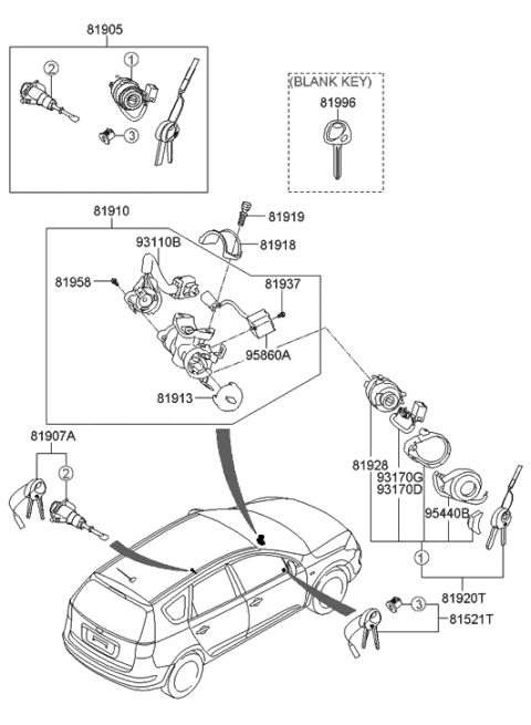2008 Hyundai Elantra Touring Lock Key & Cylinder Set Diagram for 81905-2L110