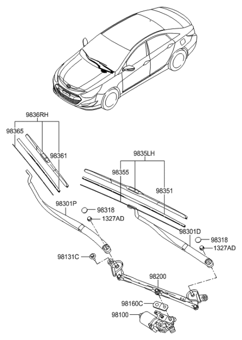 2012 Hyundai Sonata Hybrid Windshield Wiper Motor Assembly Diagram for 98110-3S000