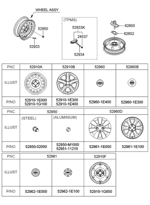 2007 Hyundai Accent Wheel Hub Cap Assembly Diagram for 52960-1E600
