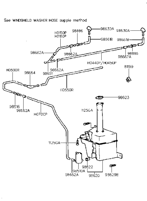 1998 Hyundai Elantra Front Windshield Washer Sprayer Nozzle Assembly Diagram for 98630-29500