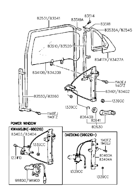 1999 Hyundai Elantra Rear Door Window Reg & Glass Diagram