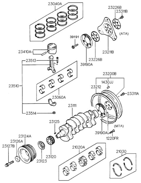 2000 Hyundai Elantra Crankshaft Assembly Diagram for 23110-23510